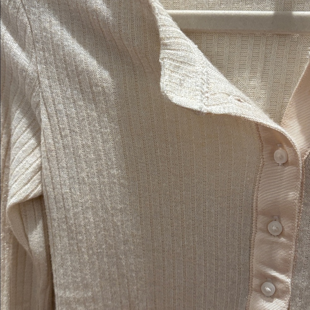 aerie Cream Ribbed Button-Down Long Sleeve Top - Picture 4 of 4